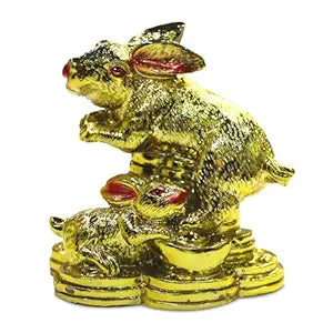 Golden Rabbit Figurine with Baby Rabbit on Coins Golden Rabbit Figurine with Baby Rabbit on Coins